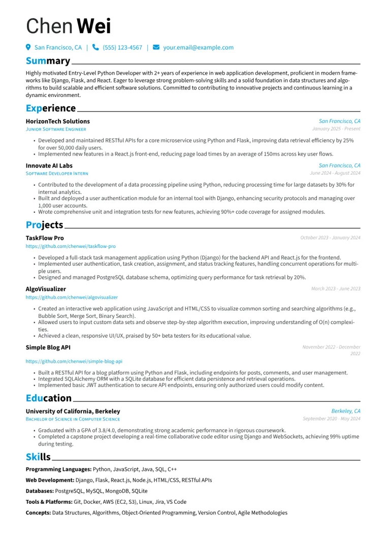 Entry-Level Python Developer Resume Example CV template preview
