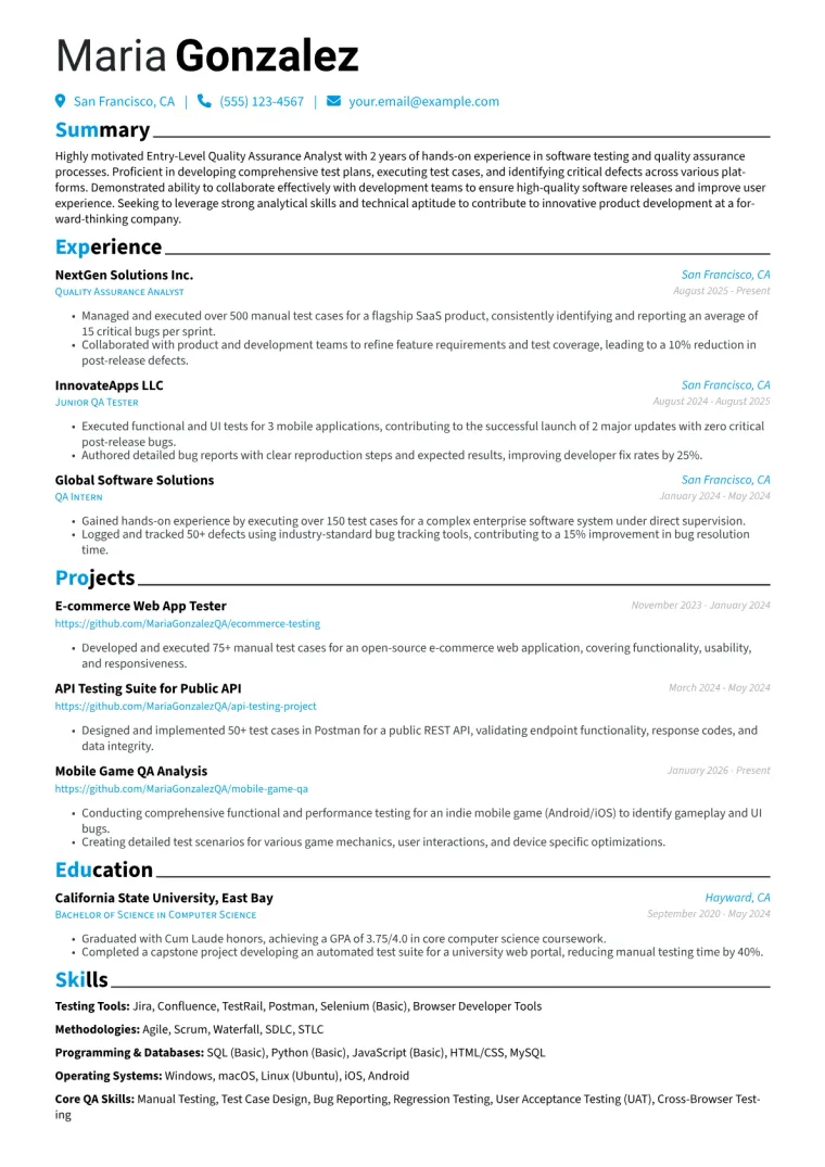 Entry Level QA Analyst Resume Example CV template preview