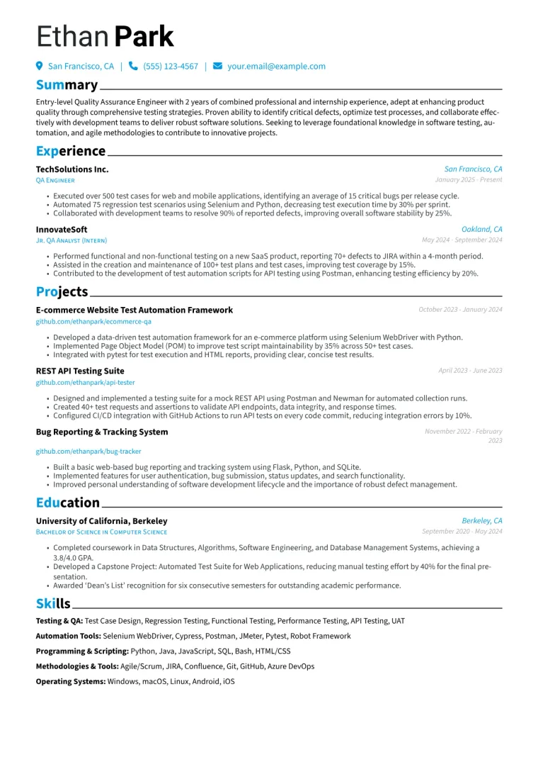 Entry Level QA Engineer Resume Example preview