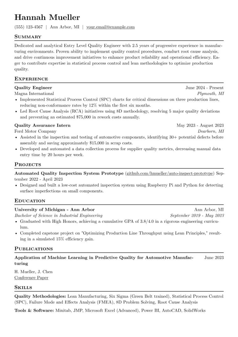 Entry Level Quality Engineer Resume Example preview