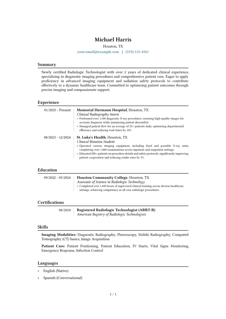 Entry Level Radiographer Resume Example CV template preview