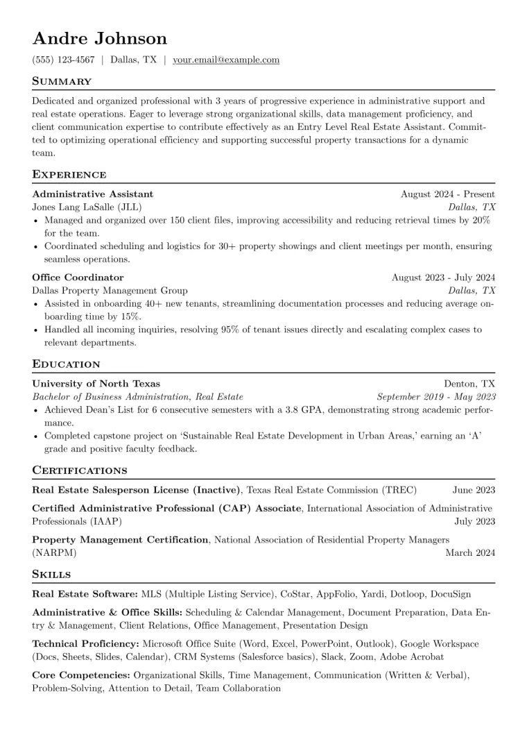 Entry Level Real Estate Assistant Resume Example CV template preview