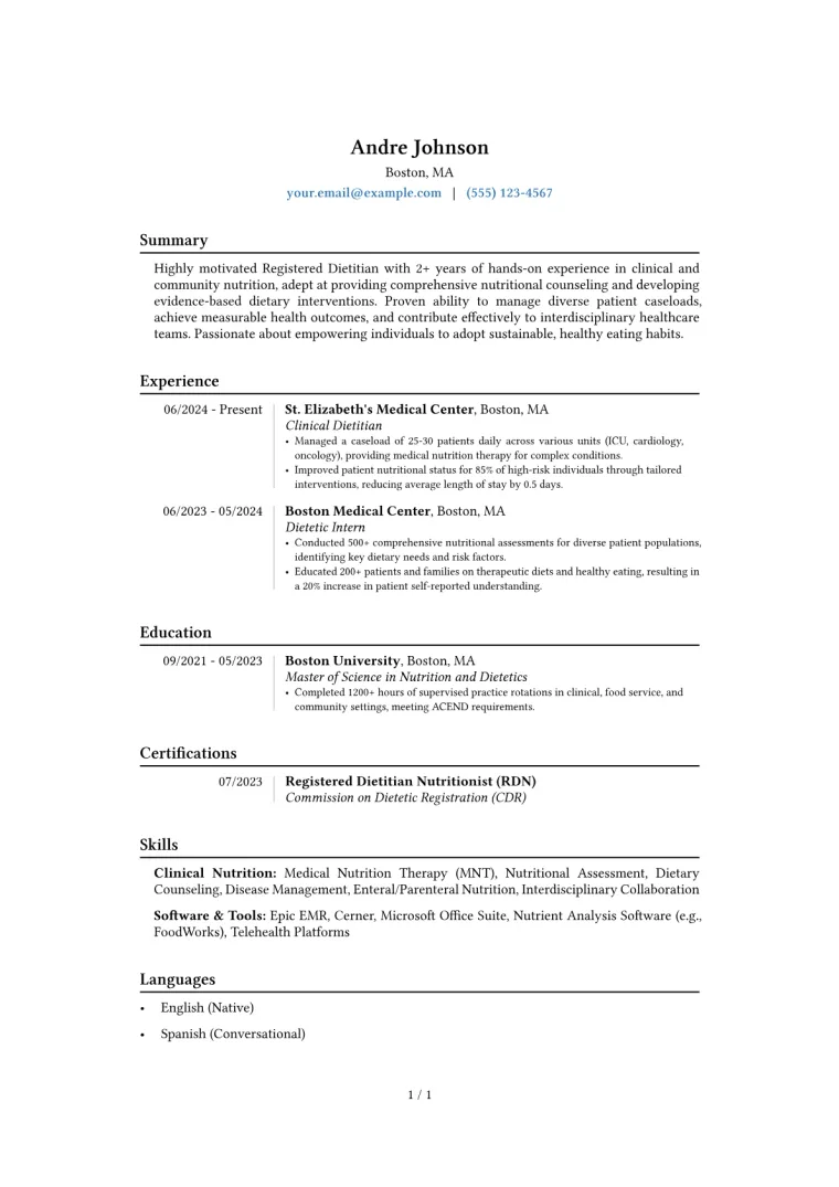 Entry Level Registered Dietitian Resume Example CV template preview