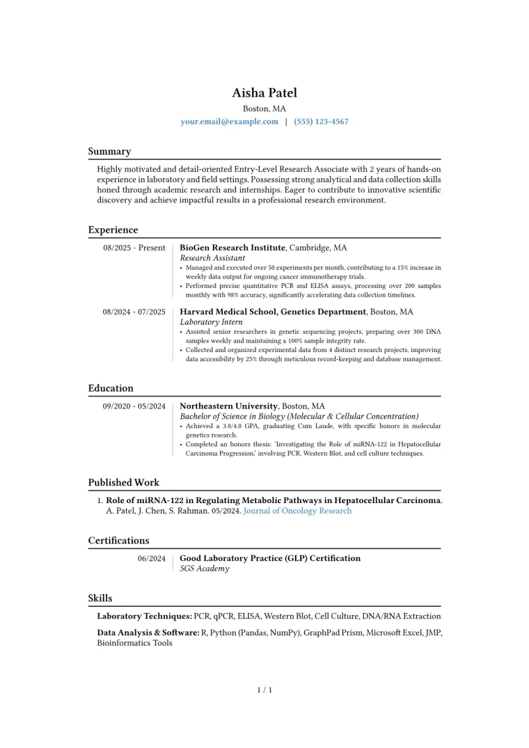 Entry-Level Research Associate Resume Example preview