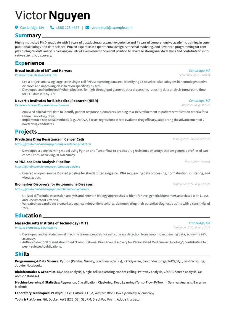 Entry-Level Research Scientist Resume Example CV template preview