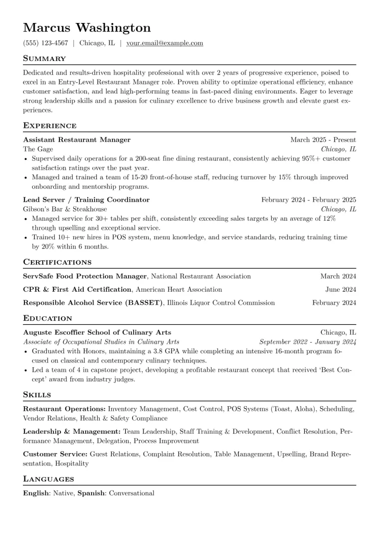 Entry-Level Restaurant Manager Resume Example preview
