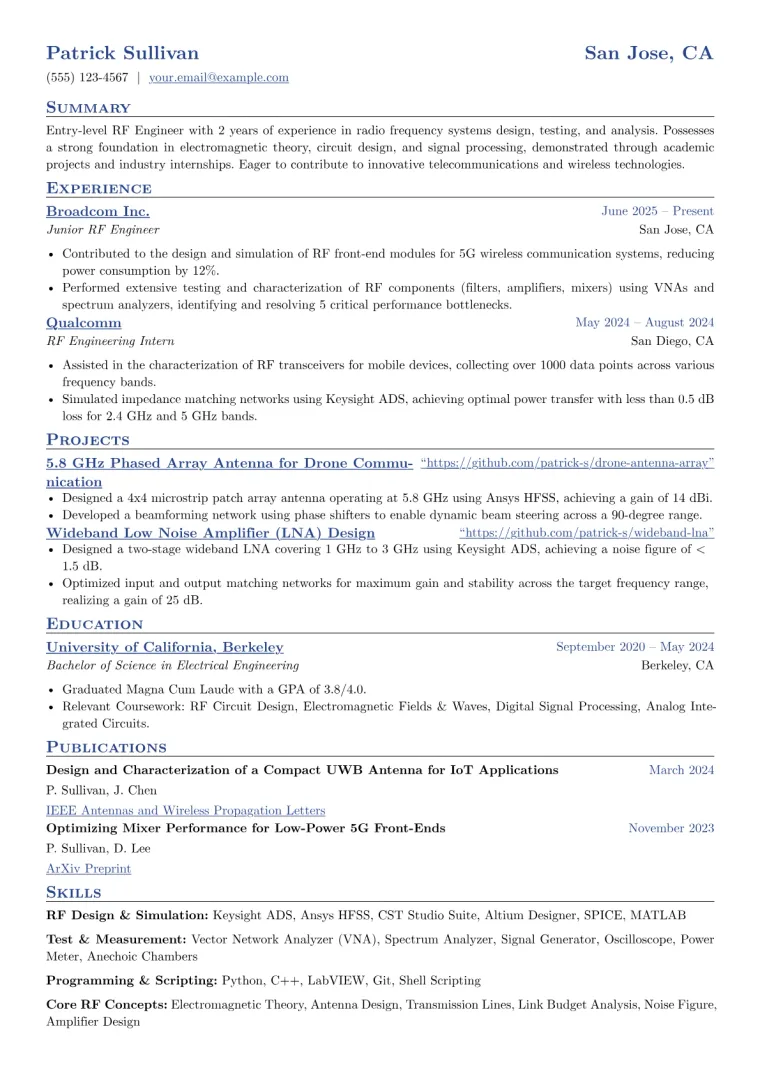 Entry Level RF Engineer Resume Example preview
