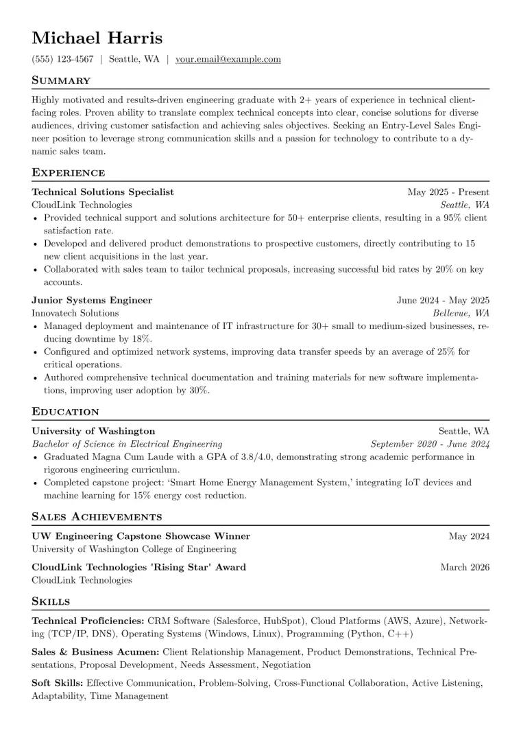 Entry Level Sales Engineer Resume Example CV template preview