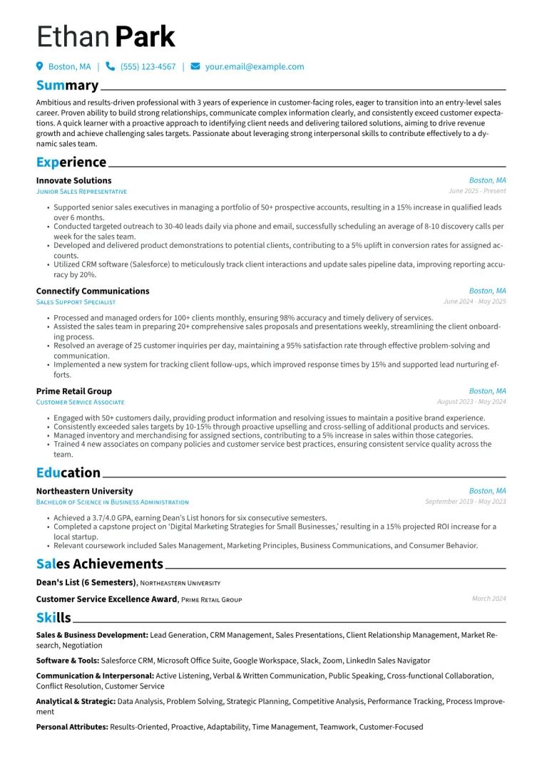 Entry-Level Sales Resume Example preview