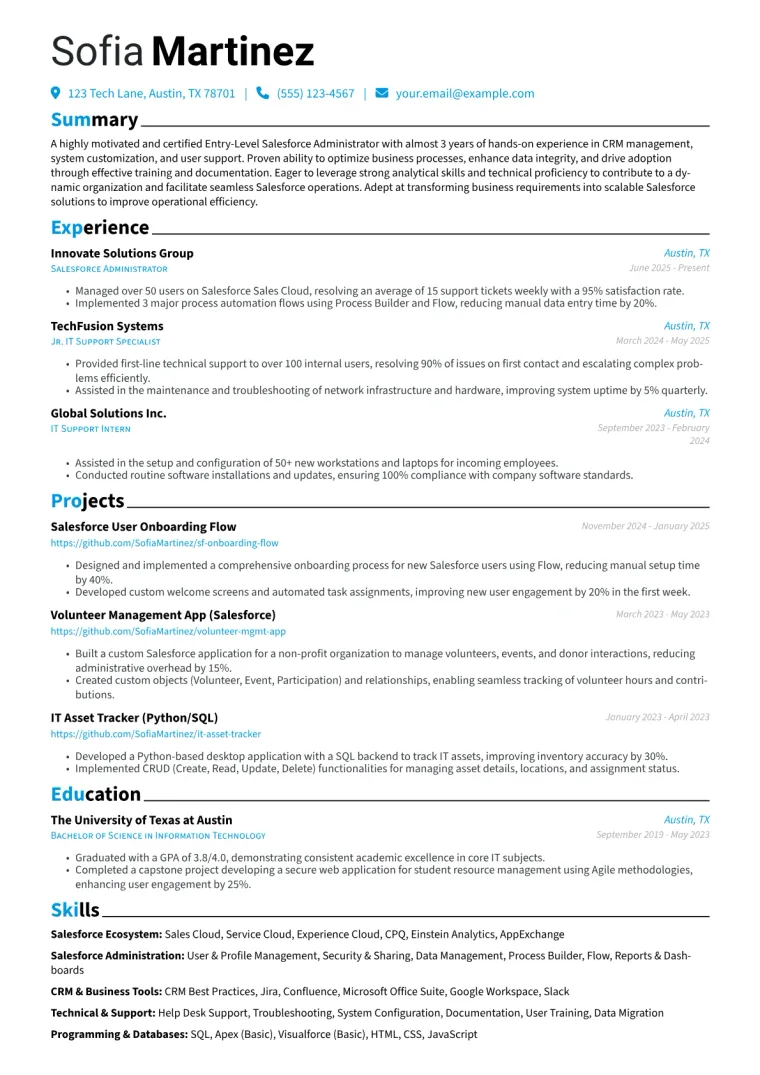 Entry-Level Salesforce Administrator Resume Example CV template preview
