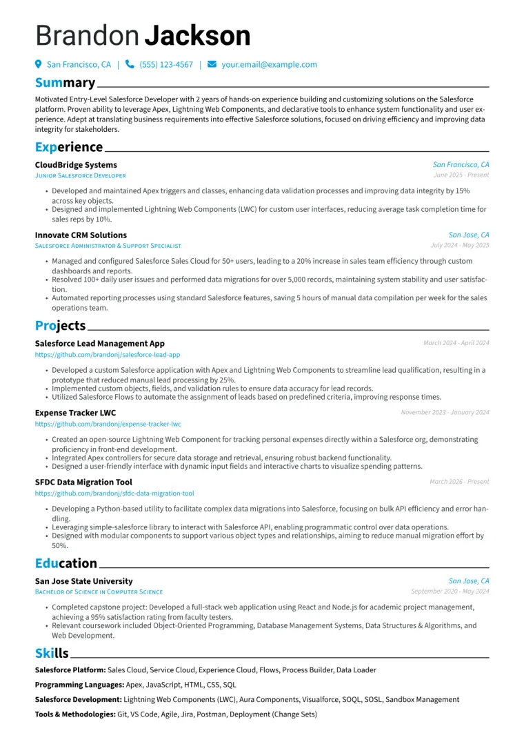 Entry-Level Salesforce Developer Resume Example CV template preview