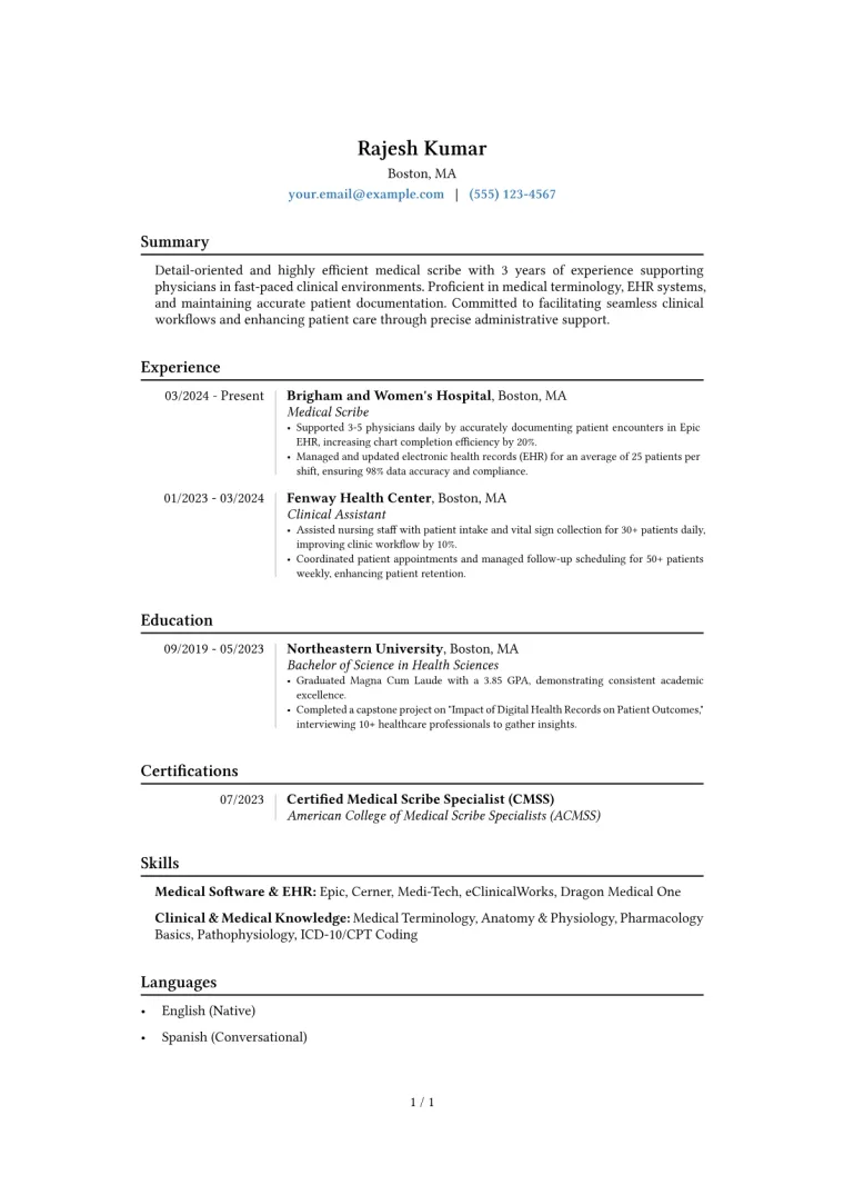 Entry Level Scribe Resume Example preview