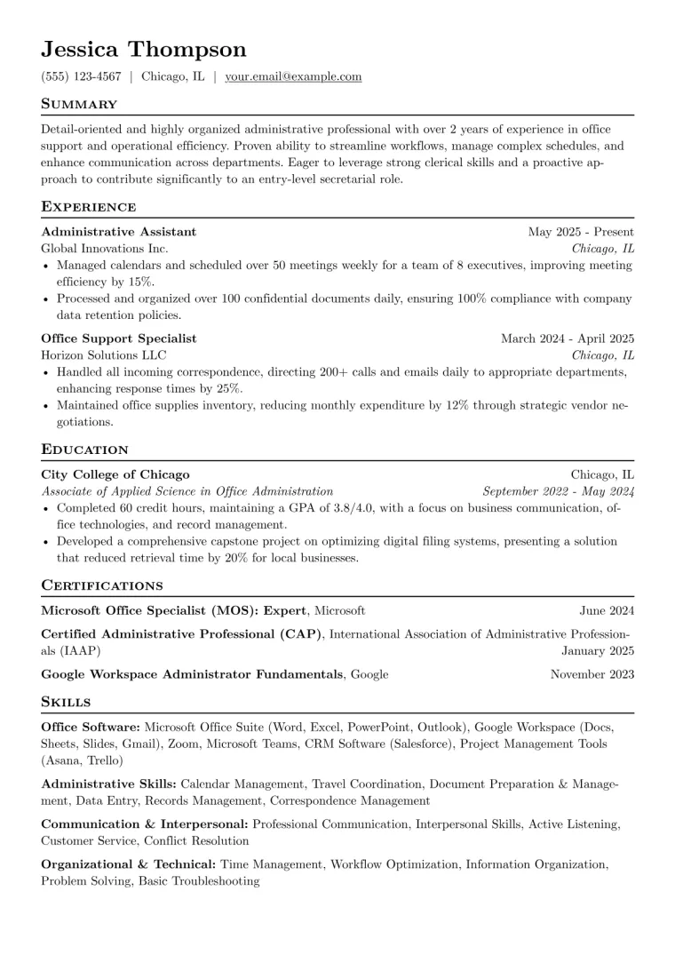 Entry Level Secretary Resume Example preview