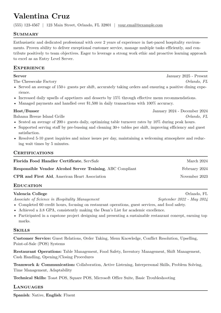 Entry Level Server Resume Example CV template preview