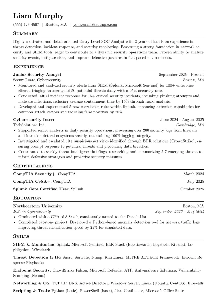 Entry-Level SOC Analyst Resume Example preview