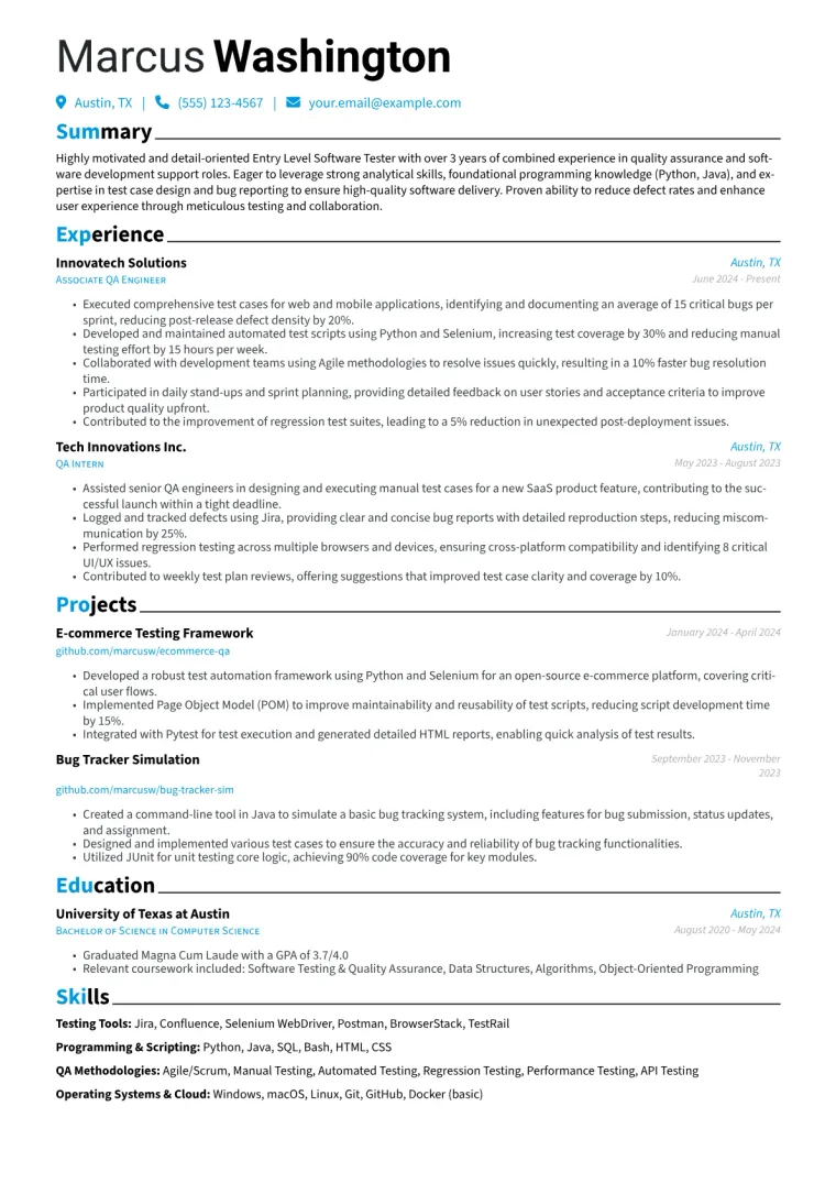 Entry Level Software Tester Resume Example CV template preview