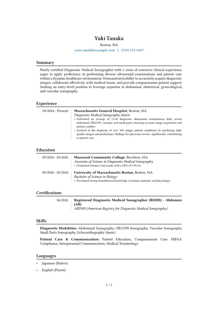 Entry-Level Sonographer Resume Example CV template preview
