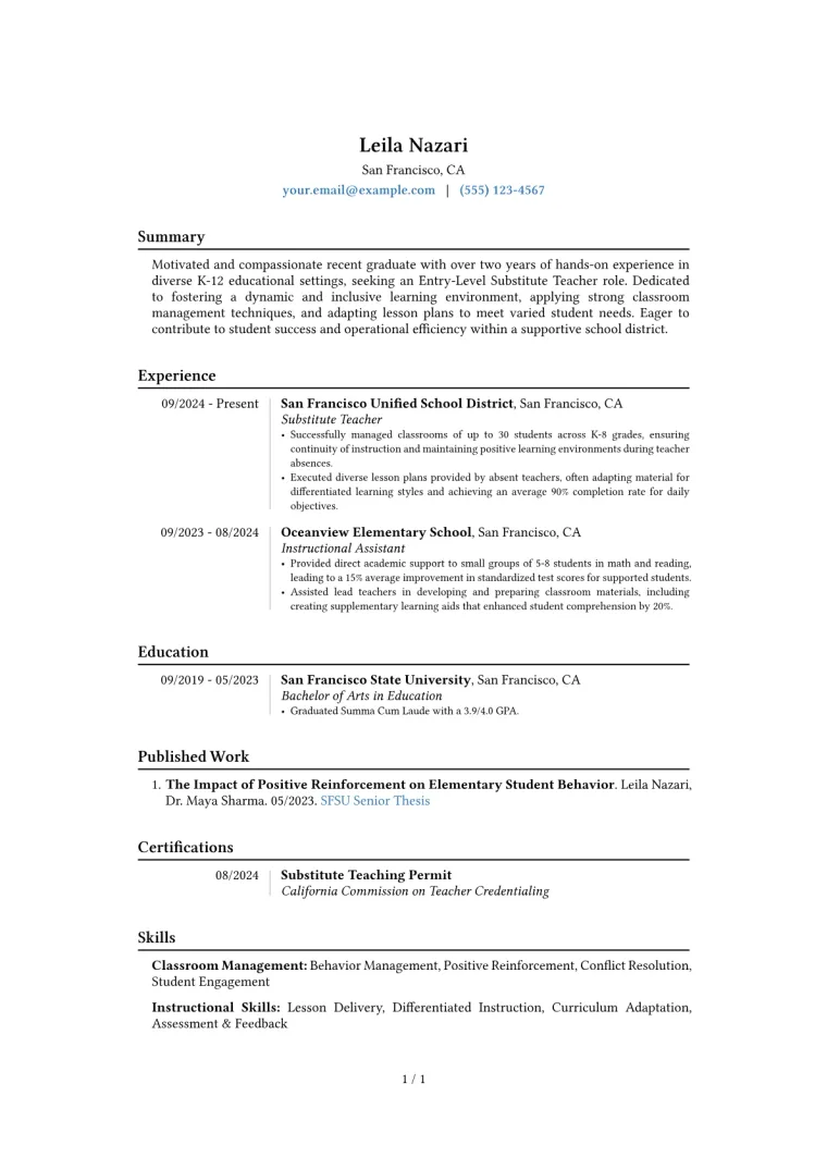 Entry-Level Substitute Teacher Resume Example CV template preview