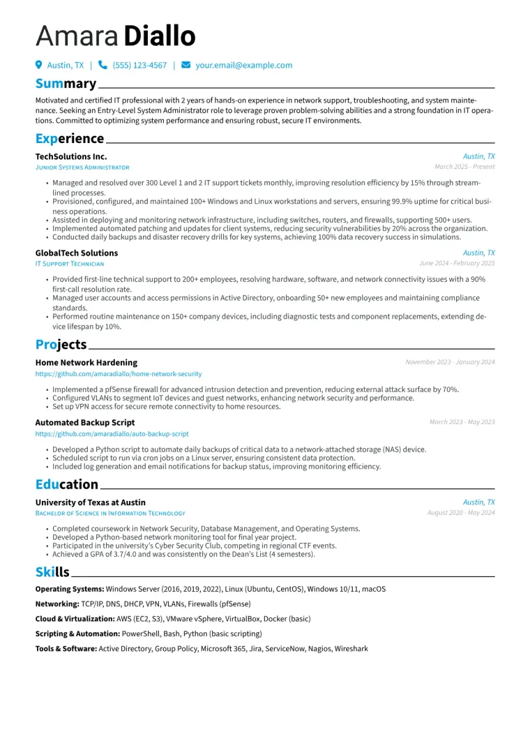 Entry-Level System Administrator Resume Example preview