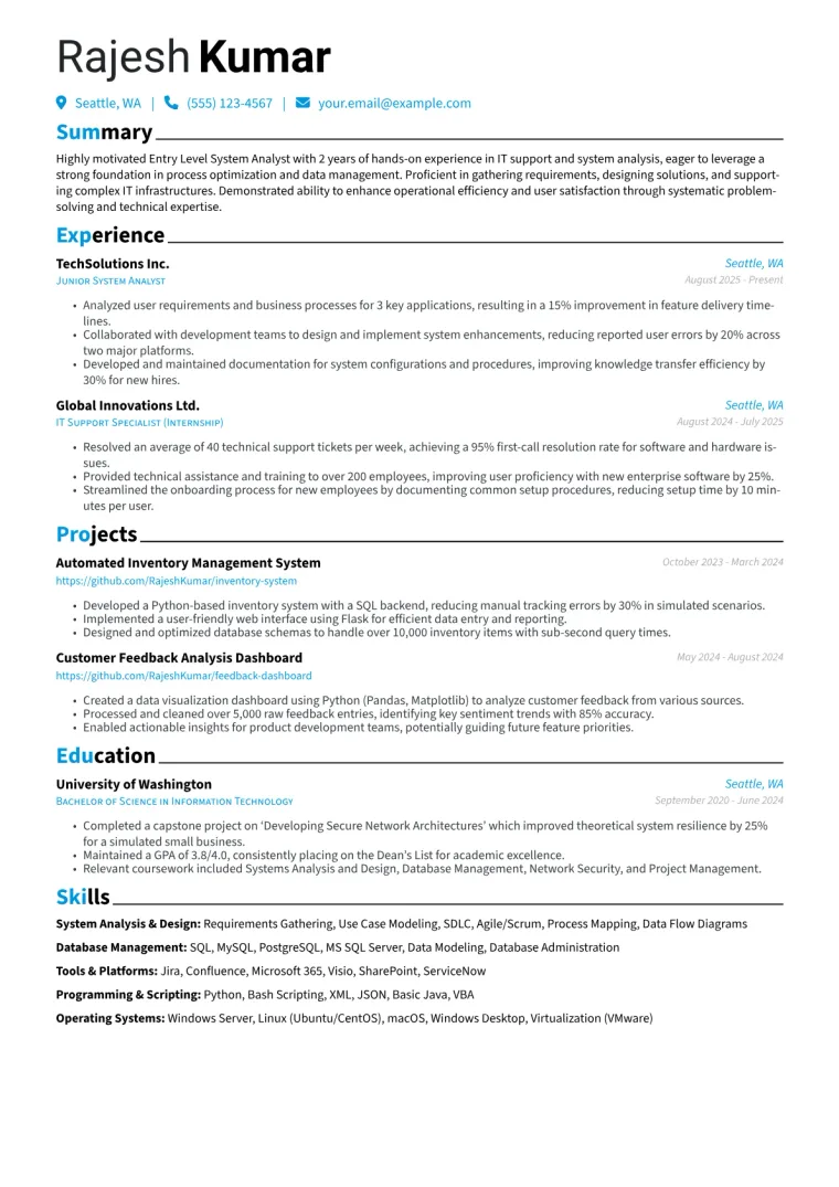 Entry Level System Analyst Resume Example CV template preview