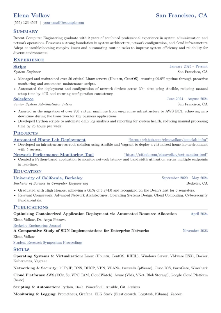 Entry-Level System Engineer Resume Example CV template preview