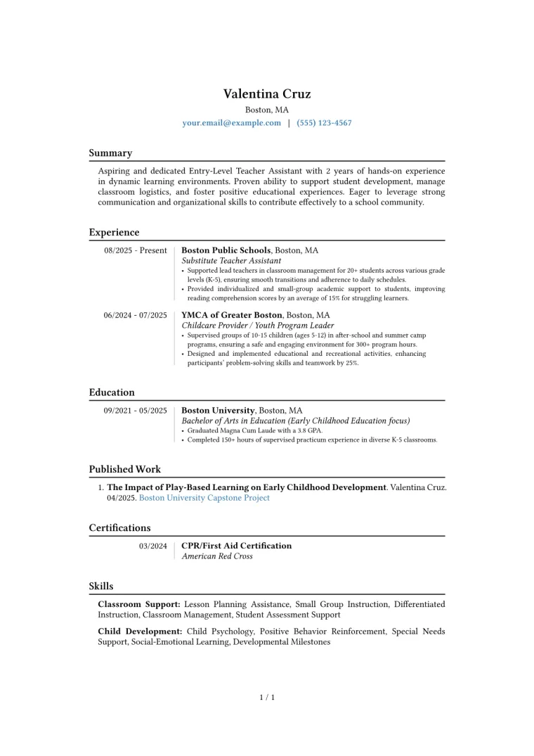 Entry-Level Teacher Assistant Resume Example CV template preview
