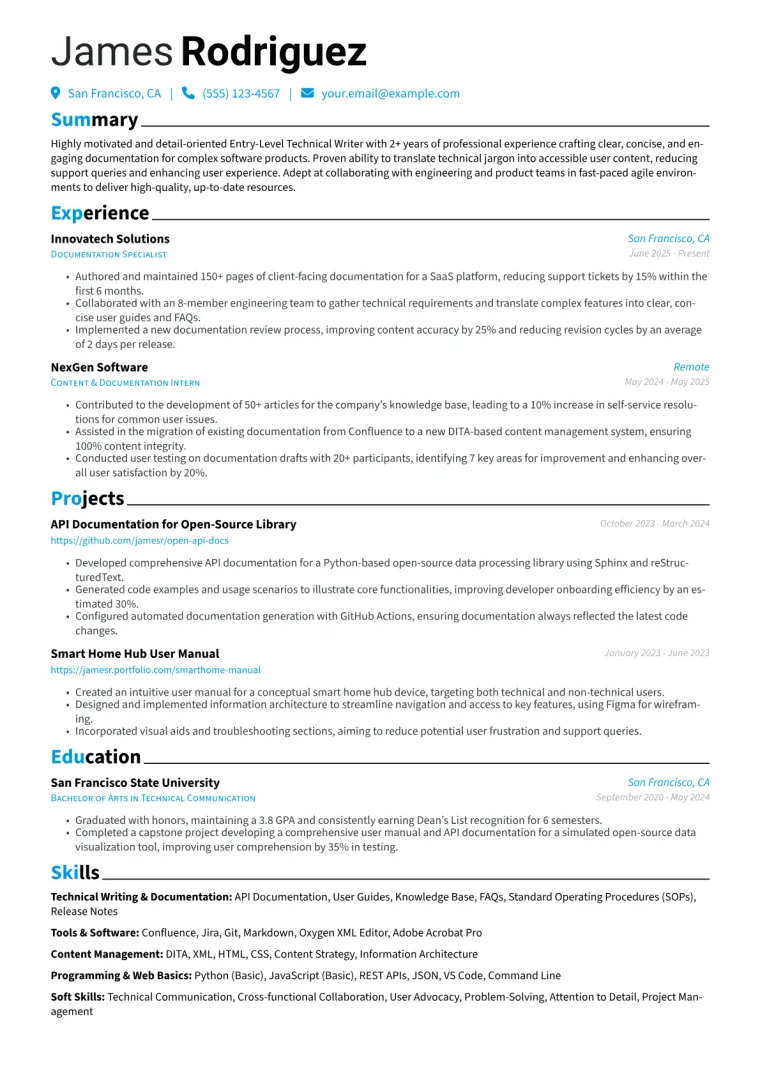 Entry-Level Technical Writer Resume Example preview