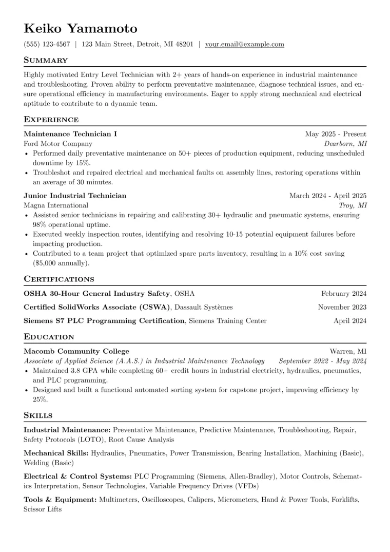 Entry Level Technician Resume Example CV template preview