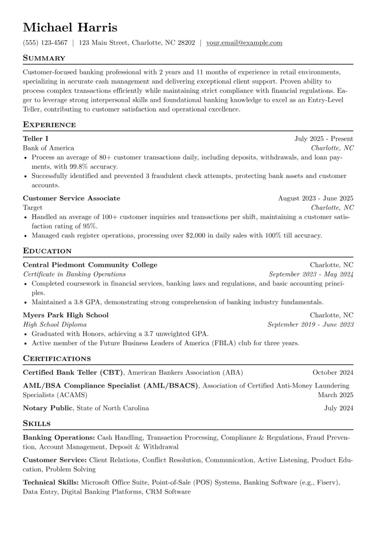 Entry-Level Teller Resume Example CV template preview