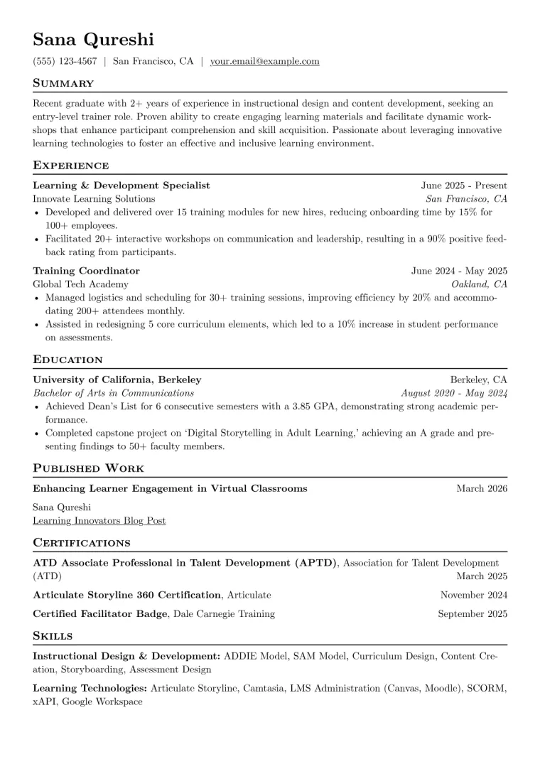 Entry-Level Trainer Resume Example CV template preview