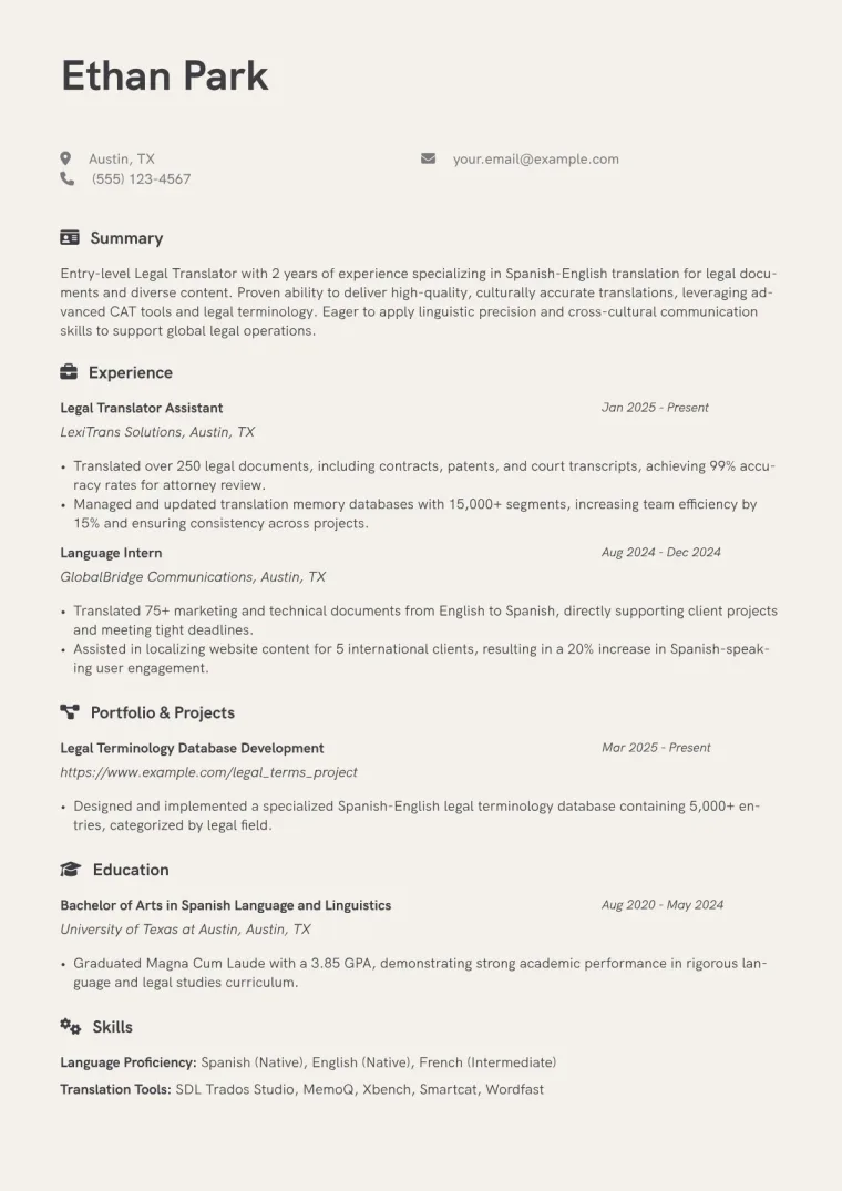Entry Level Translator Resume Example CV template preview