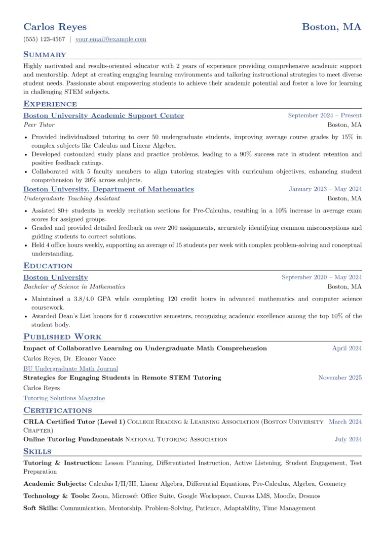 Entry-Level Tutor Resume Example preview