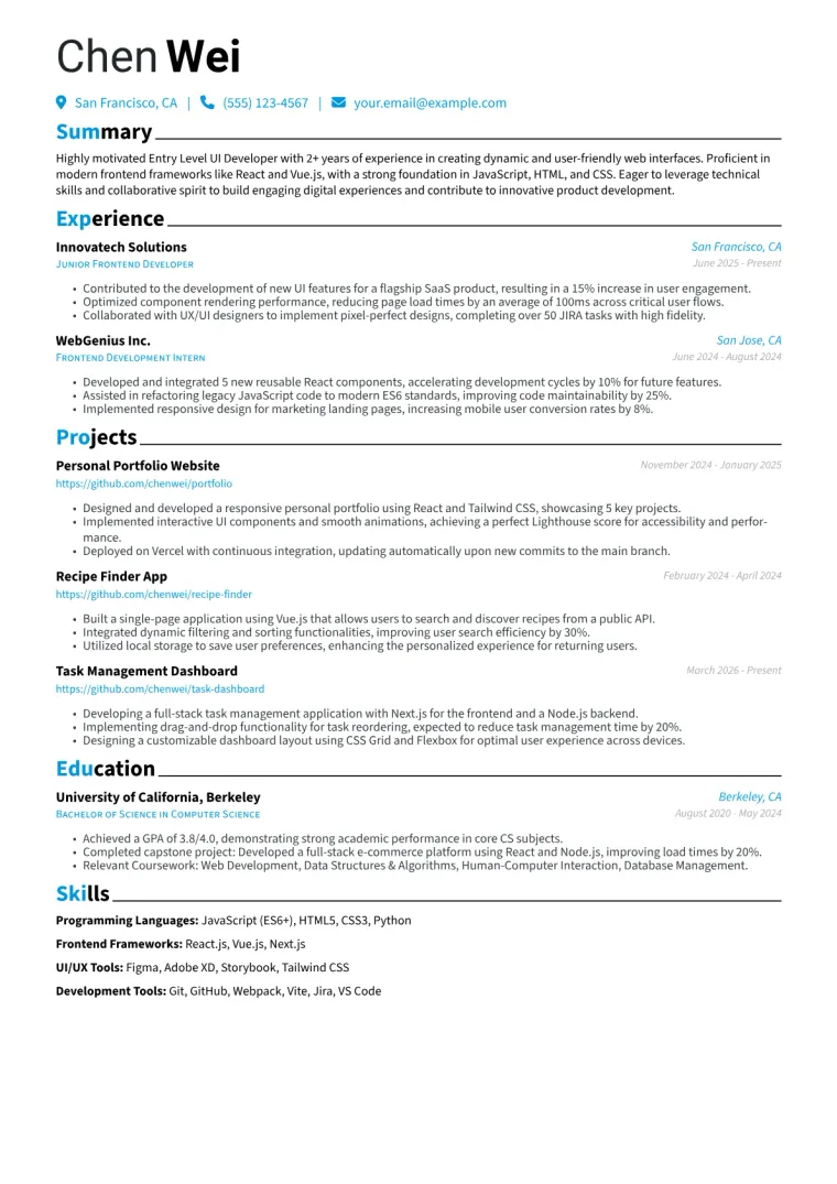 Entry Level UI Developer Resume Example CV template preview