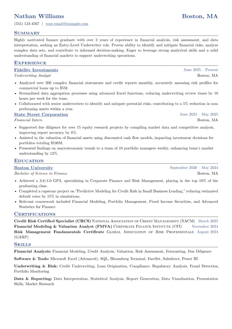 Entry-Level Underwriter Resume Example CV template preview