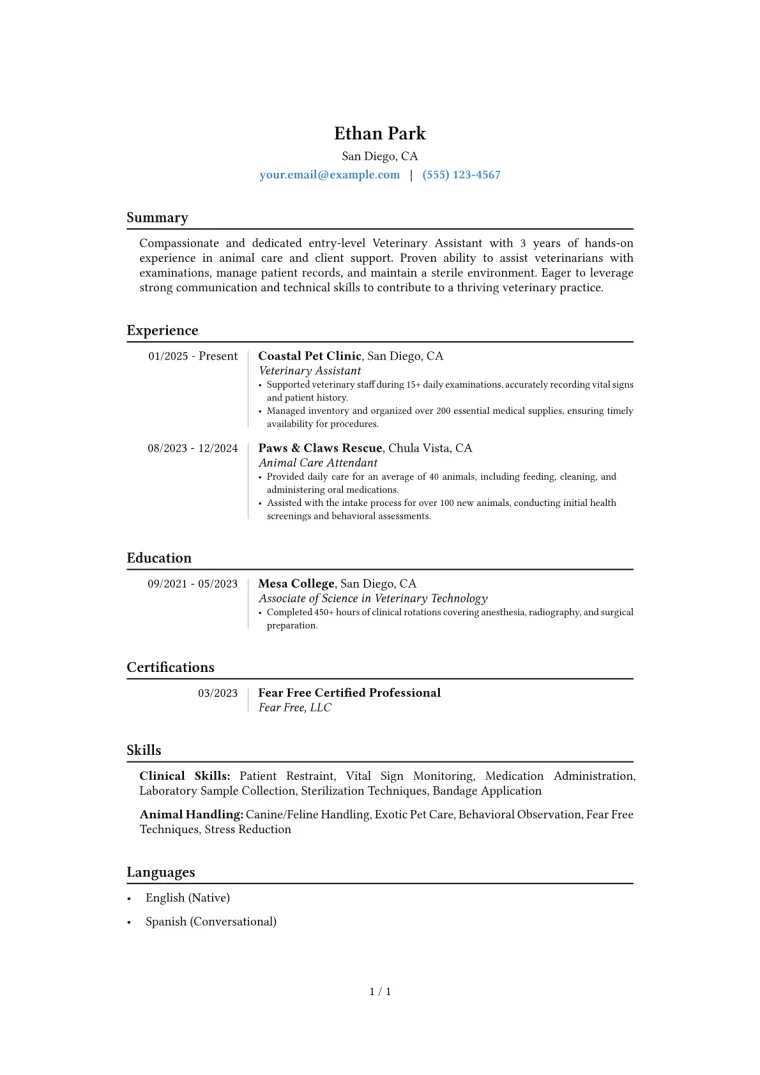 Entry-Level Veterinary Assistant Resume Example preview