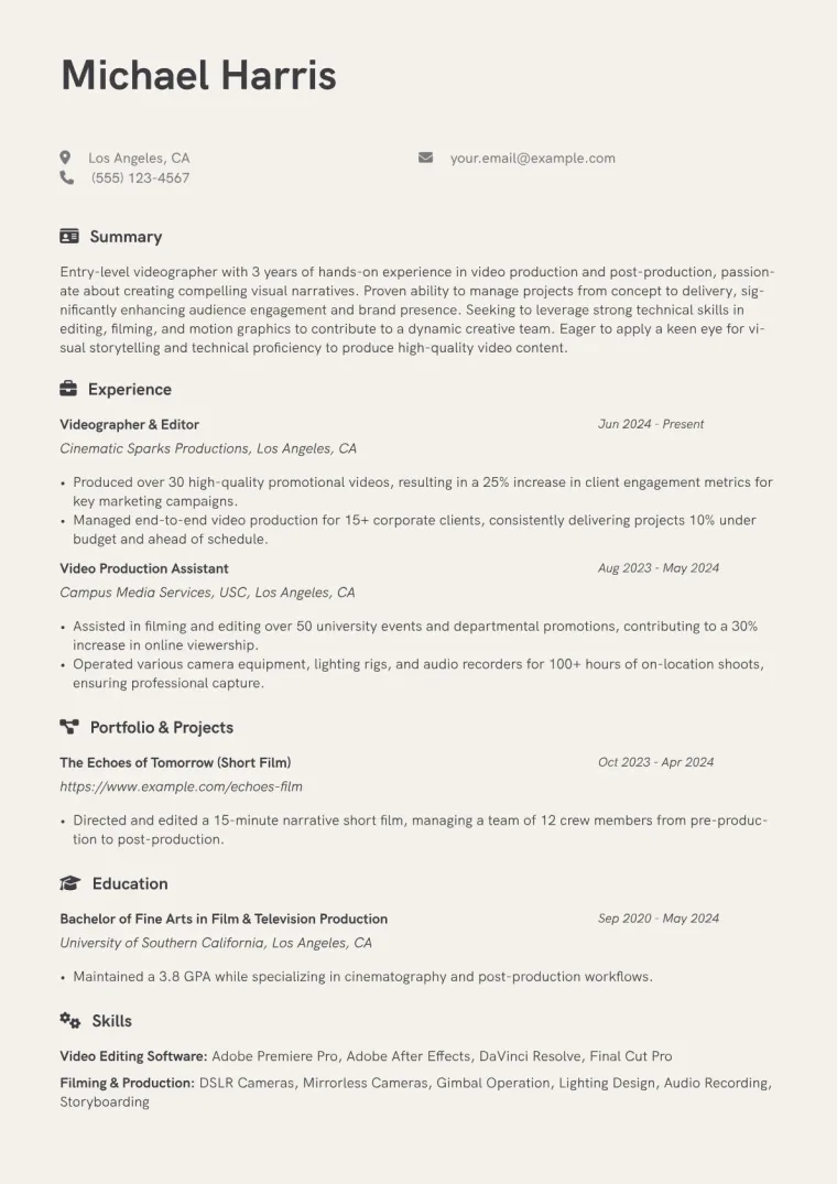 Entry-Level Videographer Resume Example CV template preview