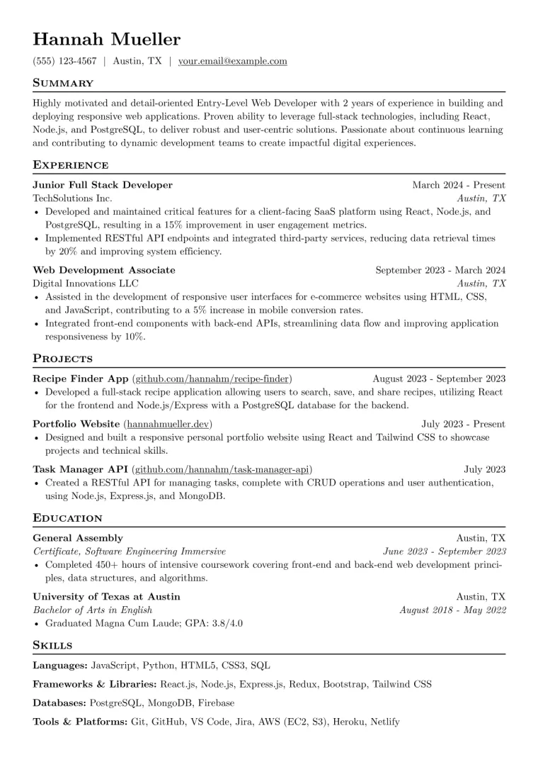 Entry-Level Web Developer Resume Example CV template preview