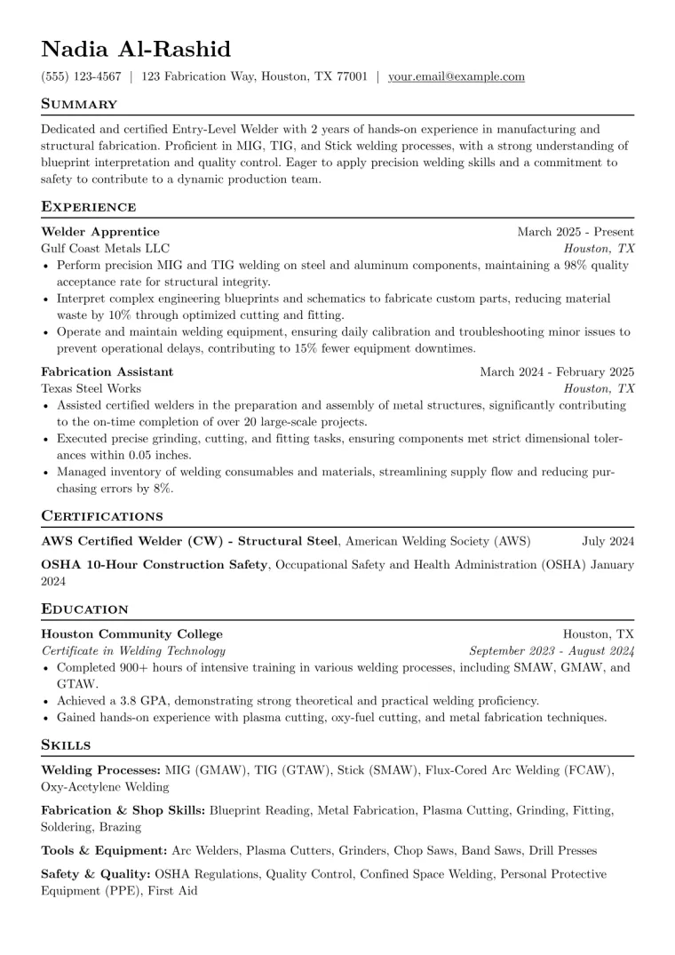 Entry-Level Welder Resume Example CV template preview