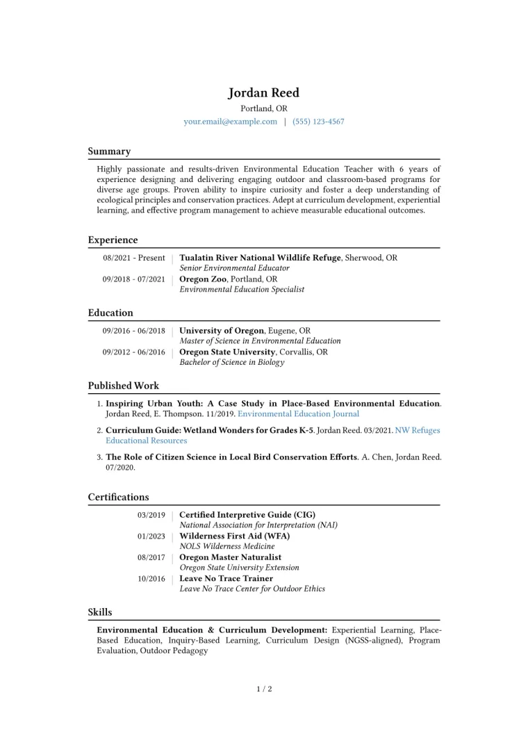 Environmental Education Teacher Resume Example CV template preview