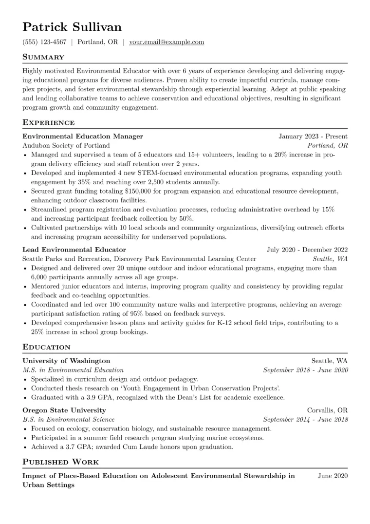 Environmental Educator Resume Example CV template preview