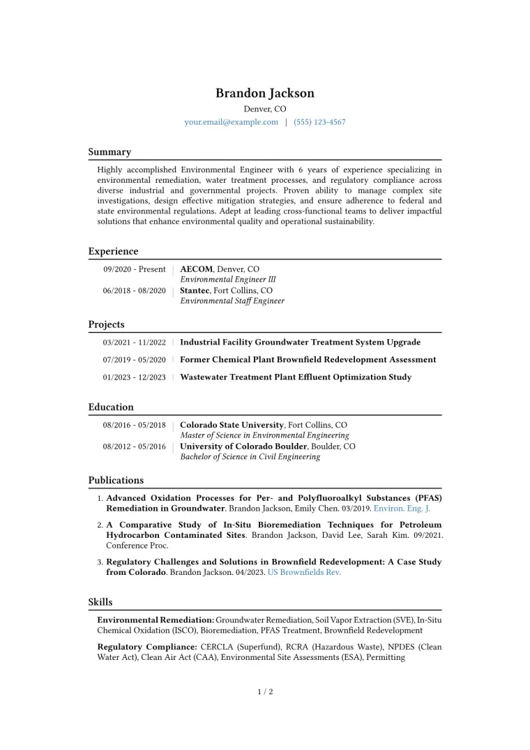 Environmental Engineer Resume Example CV template preview