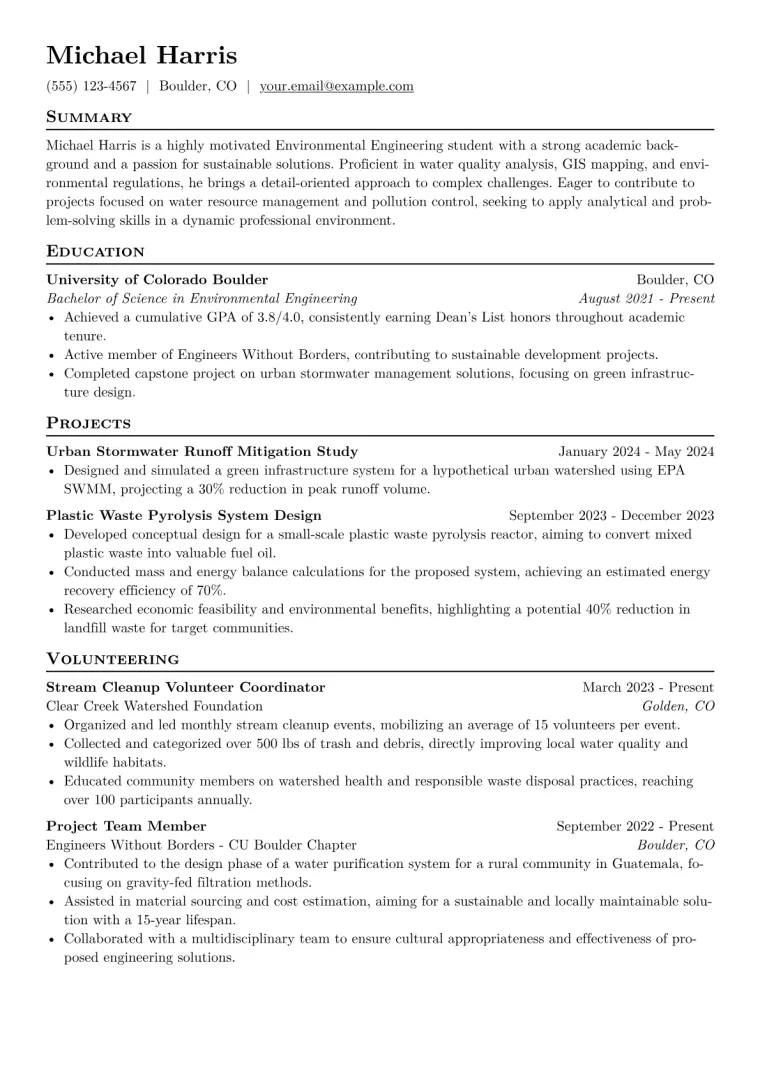 Environmental Engineering Student Resume Example CV template preview