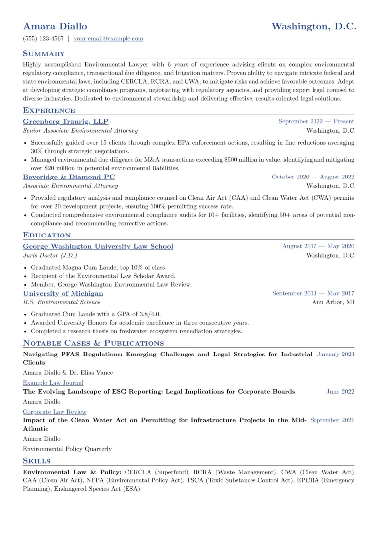 Environmental Lawyer Resume Example CV template preview