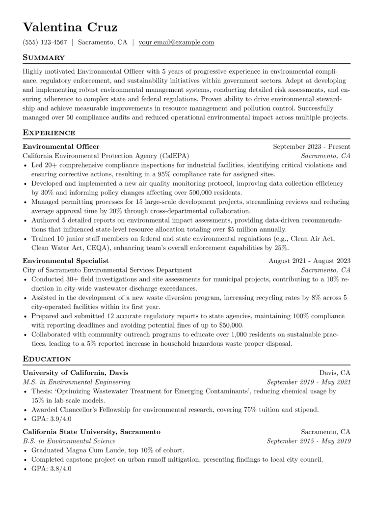 Environmental Officer Resume Example CV template preview