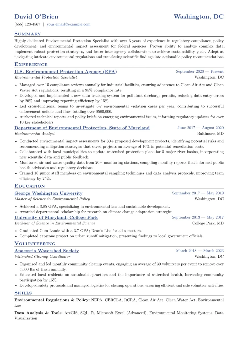 Environmental Protection Specialist Resume Example CV template preview