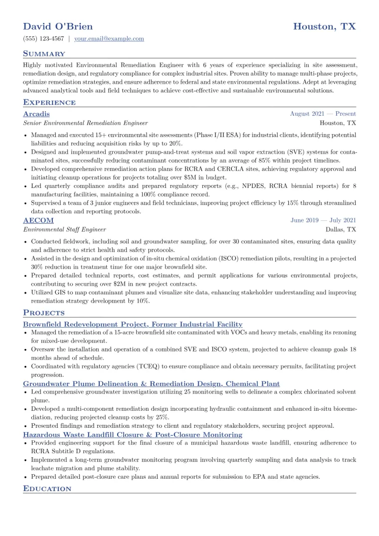 Environmental Remediation Engineer Resume Example CV template preview