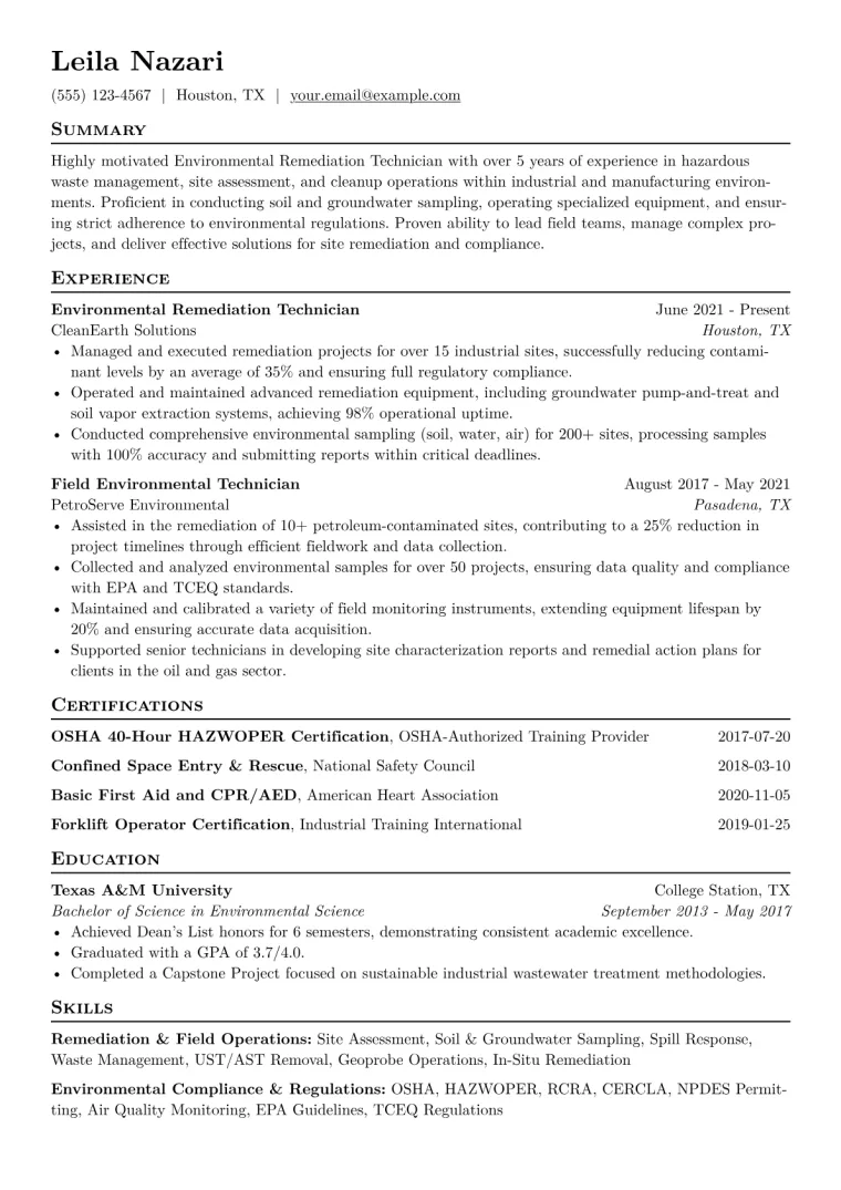 Environmental Remediation Technician Resume Example CV template preview