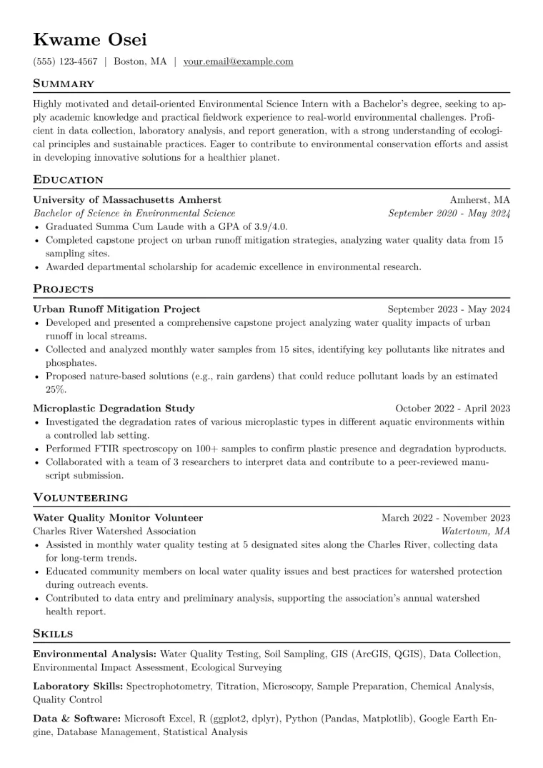 Environmental Science Intern Resume Example CV template preview