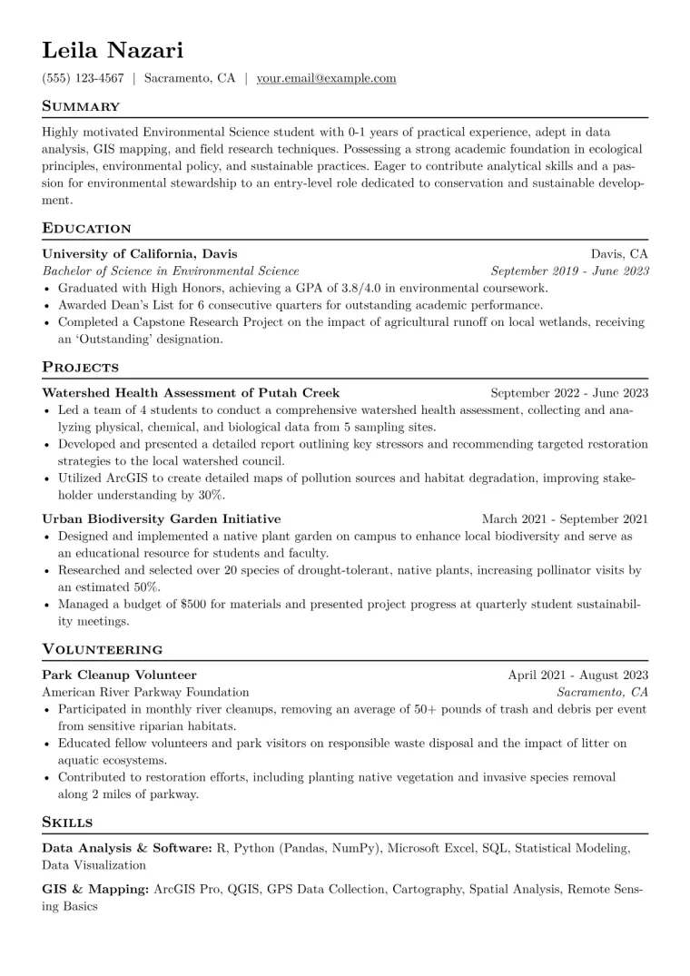 Environmental Science Student Resume Example CV template preview
