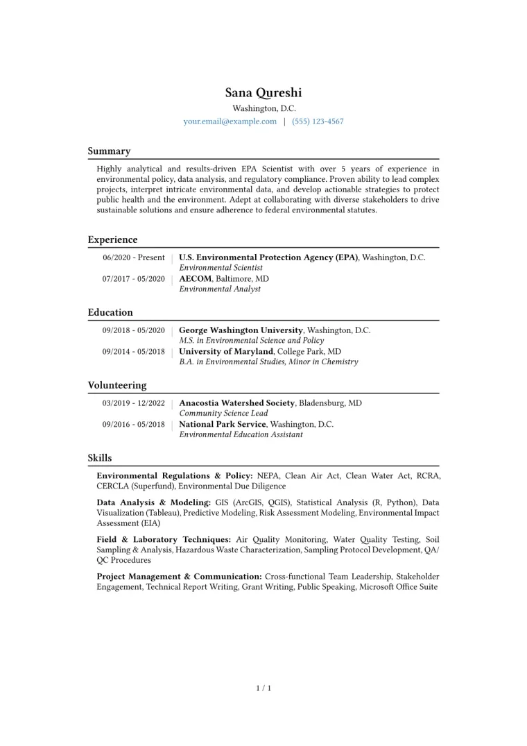 EPA Scientist Resume Example CV template preview